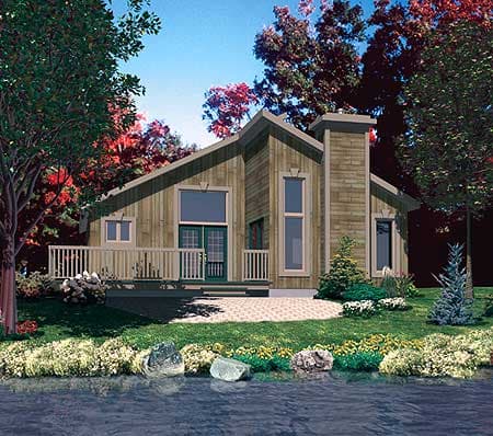 House plan exterior, modern style, with a prominent stone chimney, large windows, and a wraparound deck.