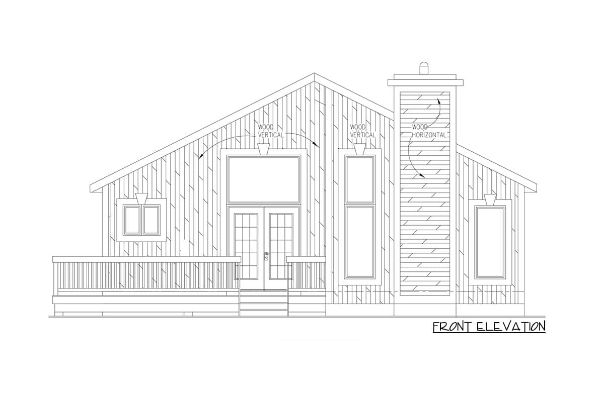 Front elevation of a house plan featuring a prominent chimney, a wraparound deck, and varied vertical and horizontal siding.