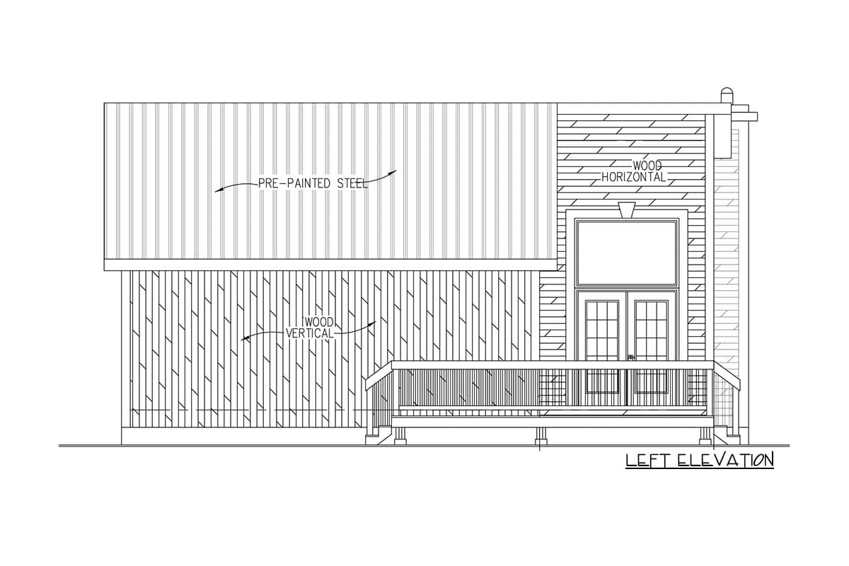 Left elevation house plan showing pre-painted steel siding, vertical wood siding, horizontal wood siding, a deck, and double doors.