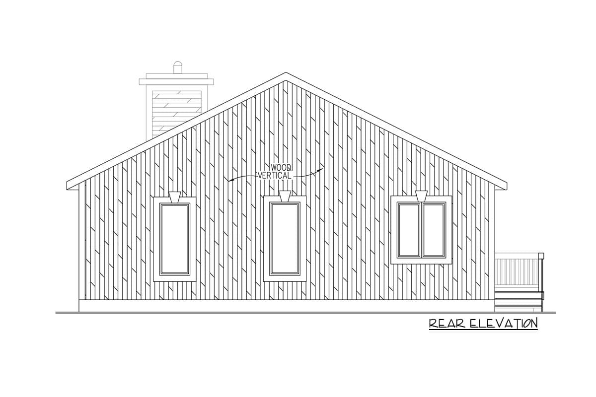 Rear elevation drawing of a house with vertical wood siding, three windows, a chimney, and a small deck.