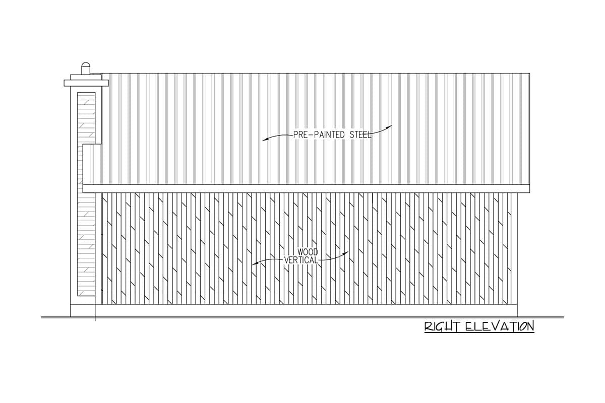 Right elevation drawing of a house plan with vertical wood siding on lower level and pre-painted steel siding on upper level.