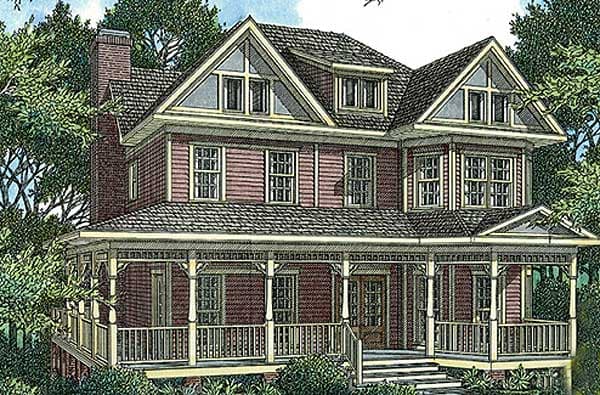 Craftsman style house plan exterior, two stories, wraparound porch, multiple gables, and a prominent brick chimney.