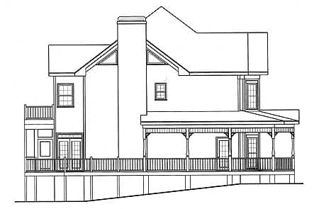 House plan exterior drawing with a wraparound porch, gables, and a prominent chimney.