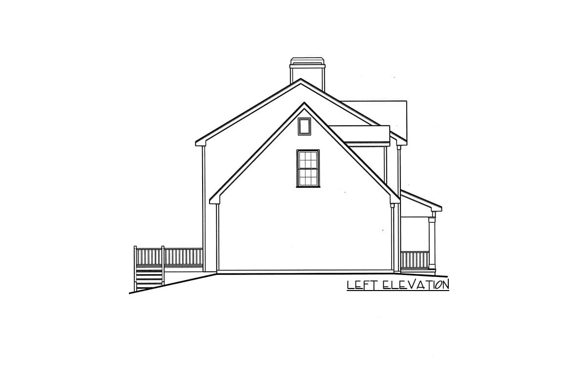 House plan left elevation drawing showing a two-story structure with a prominent gable, dormer window, chimney, and porch.
