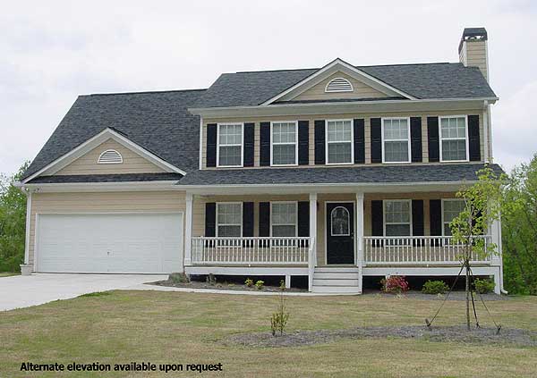 Two-story house plan exterior with a covered front porch, gables, dormers, and a side-entry garage.