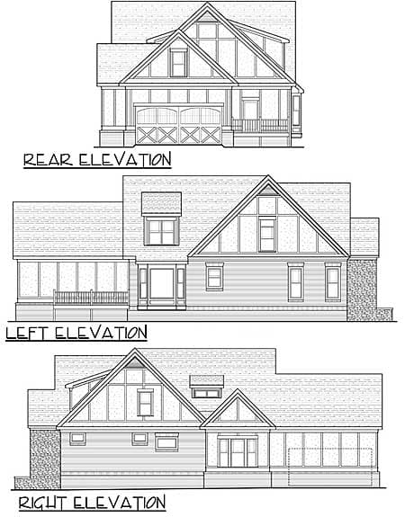 House plan elevations showing rear, left, and right sides. Features include gables, garage, porch, and stone accents.
