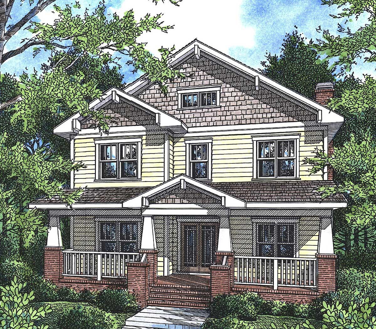 Craftsman style house plan exterior, two stories, with a full-width porch, multiple gables, and shingle siding accents.