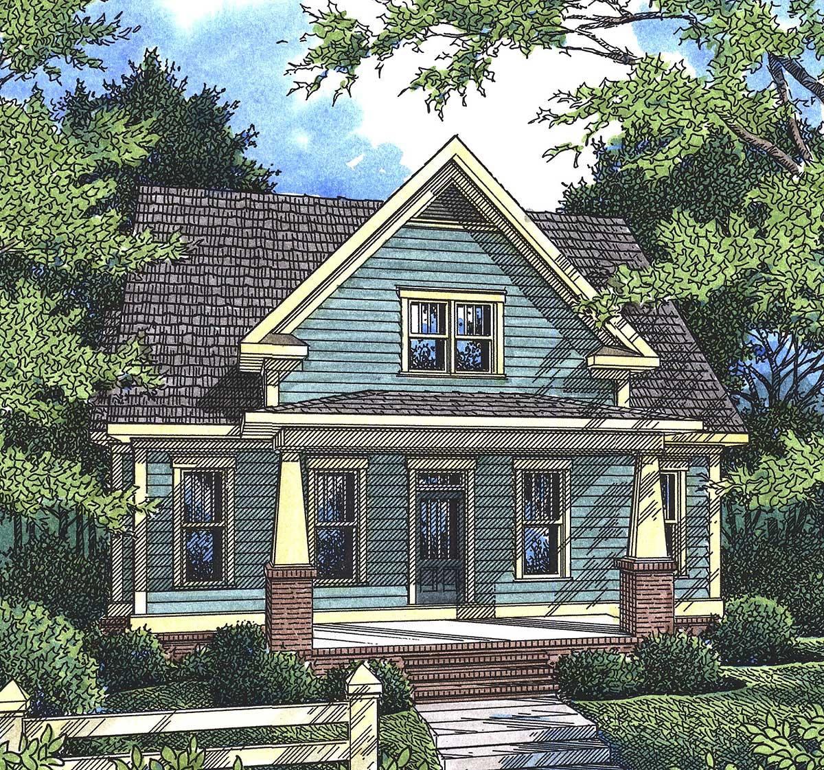 Craftsman style house plan exterior with a front porch supported by tapered columns and a prominent gable.