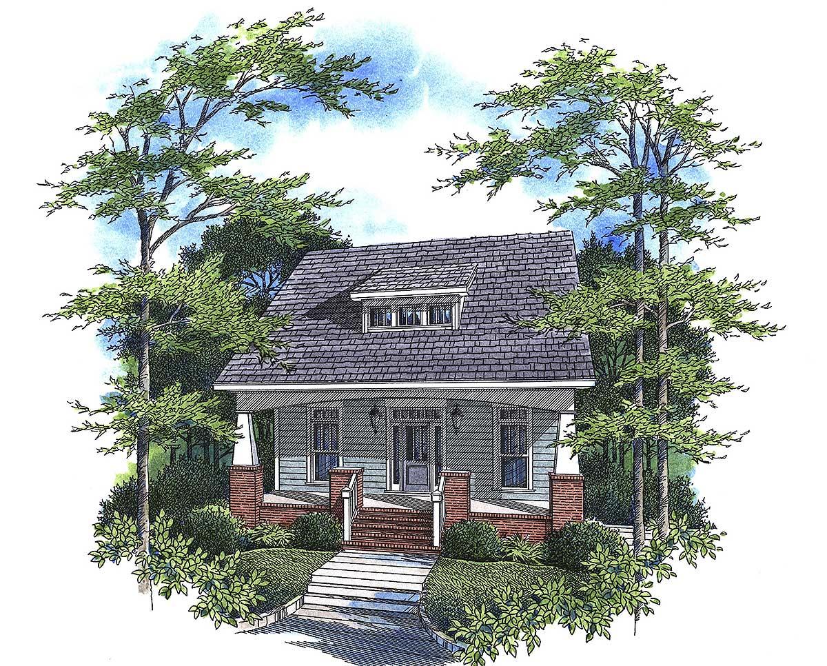 House plan exterior: Cottage style, one story, dormer, covered porch with brick columns, and a prominent front entrance with steps.