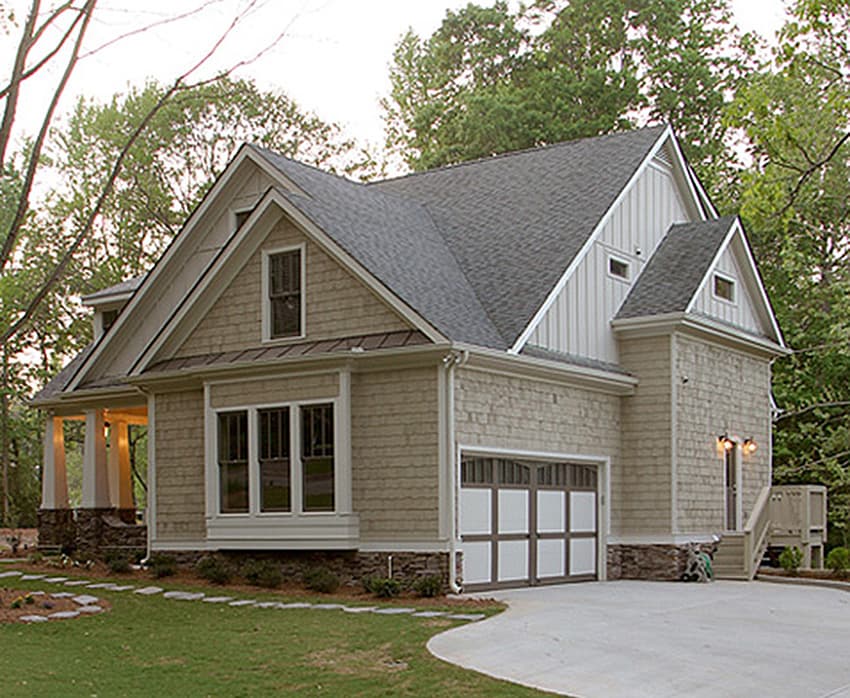 House plan exterior: Craftsman style, two stories, with a front porch, gables, and a two-car garage.