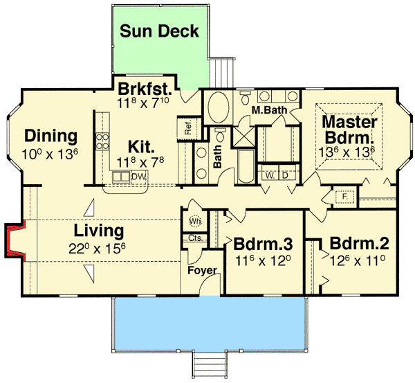 Plan 92042VS: Simple Ranch with Two Bay Windows - 1667 Sq Ft - Floor Plan - Main Level - Country, Ranch