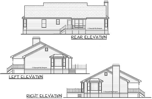 Rear, left, and right elevation drawings of a house plan showing a porch, gables, dormers, and chimney.