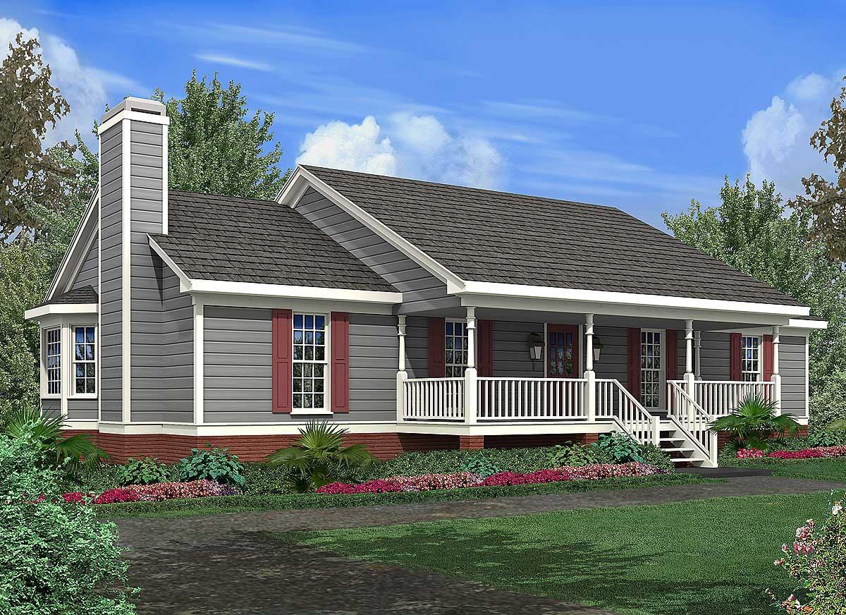 House plan exterior: one-story ranch with a wrap-around porch, gabled dormer, and prominent chimney.