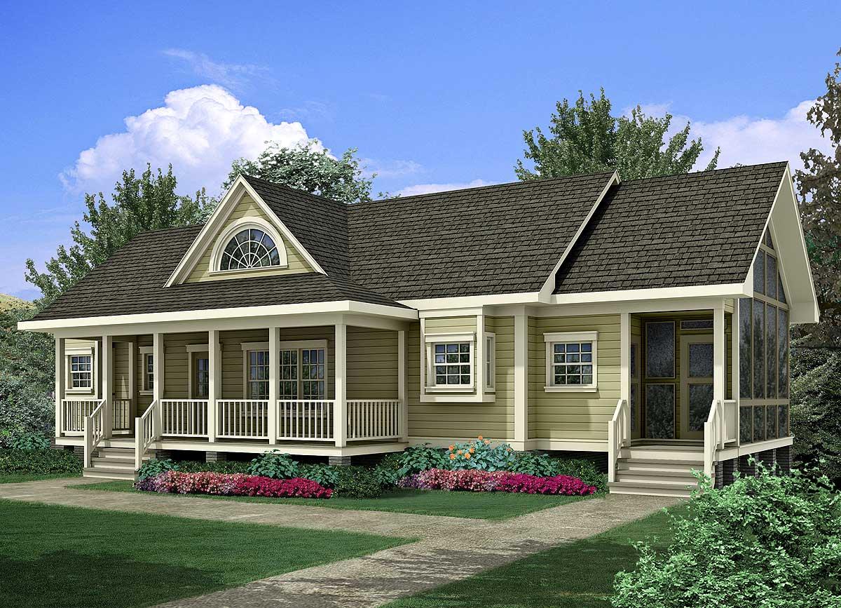 House plan exterior: One-story home with wraparound porch, arched dormer, and screened-in sunroom. Craftsman style.