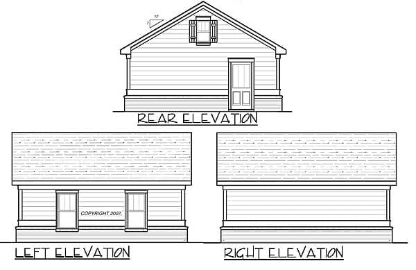 Architectural house plan drawings showing rear, left, and right elevations of a single-story structure with a gabled roof and dormer.