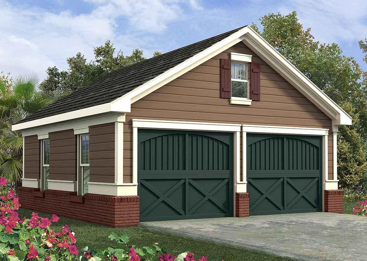 Two-car garage plan exterior with horizontal siding, gable dormer, and arched carriage-style doors.