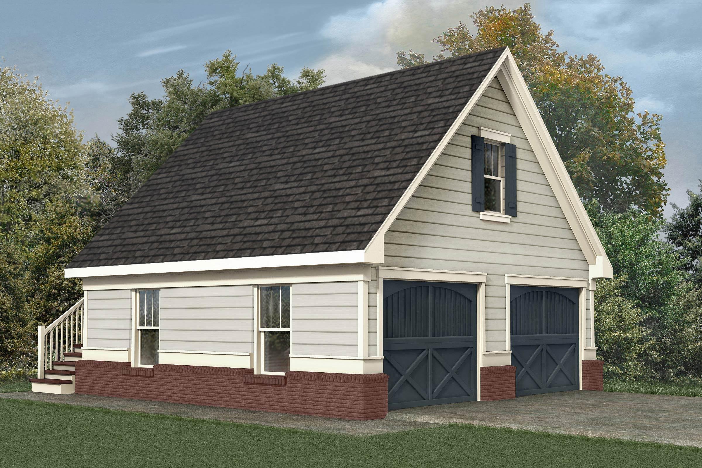 House plan exterior: Two-story, two-car garage with double arched doors, gabled dormer, and brick foundation.