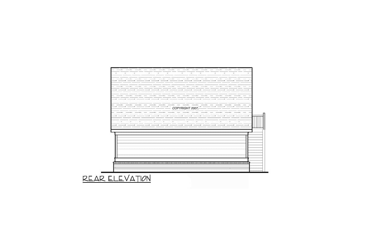 Rear elevation drawing of a house plan featuring a pitched roof, horizontal siding, and a small deck.