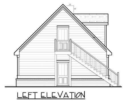 Left elevation drawing of a house plan showing a steep gable roof, two doors, and an exterior staircase.