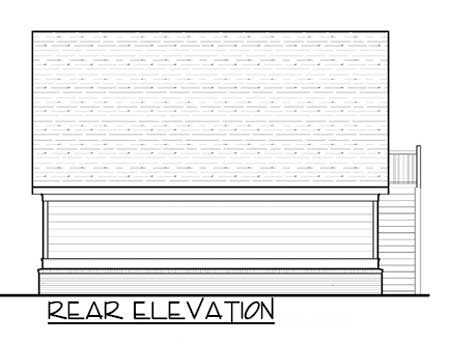 Rear elevation drawing of a house plan, showing horizontal siding and a set of stairs leading to a small deck.