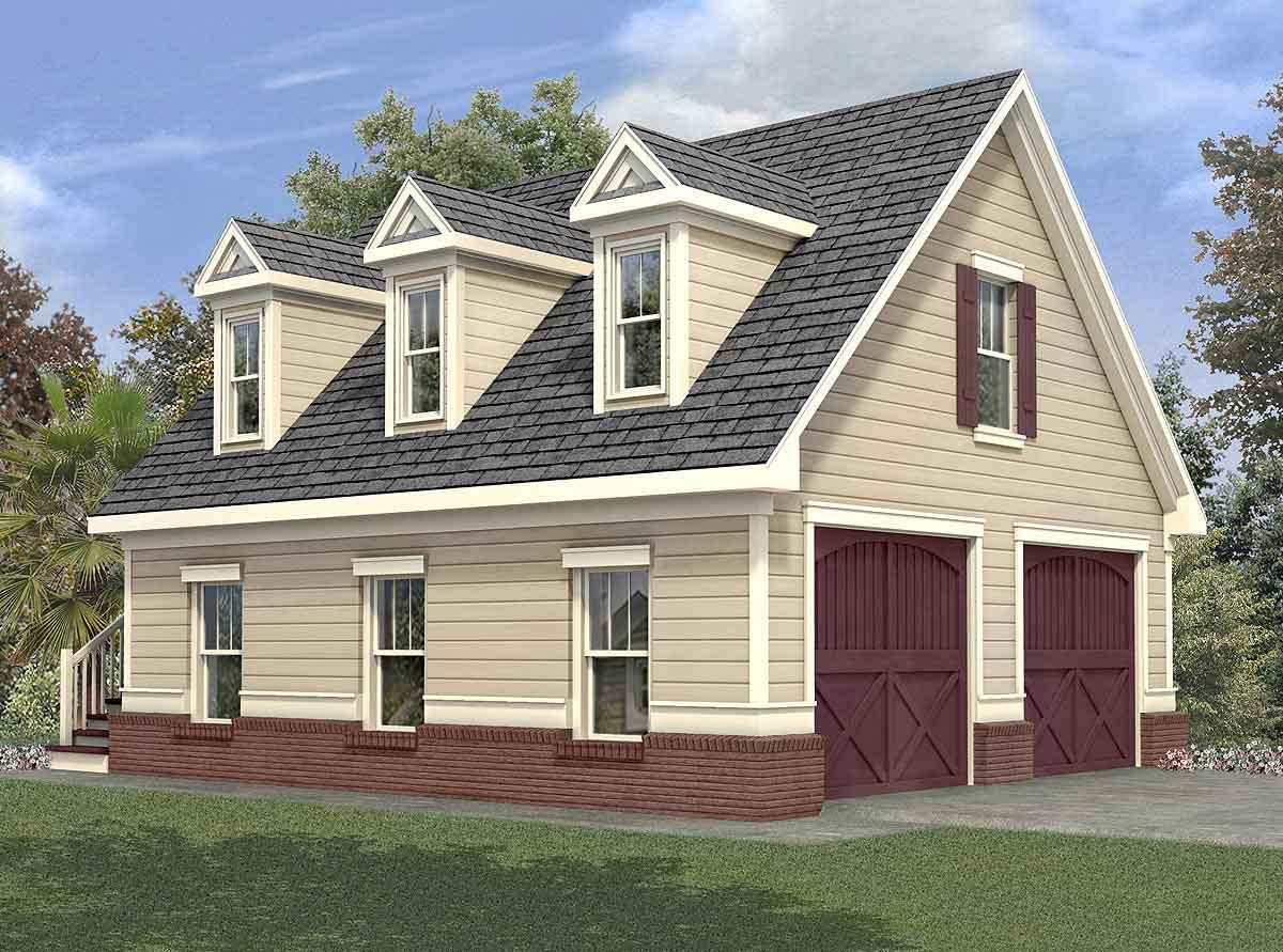 House plan exterior of a two-story garage with dormers, double garage doors, and brick foundation.