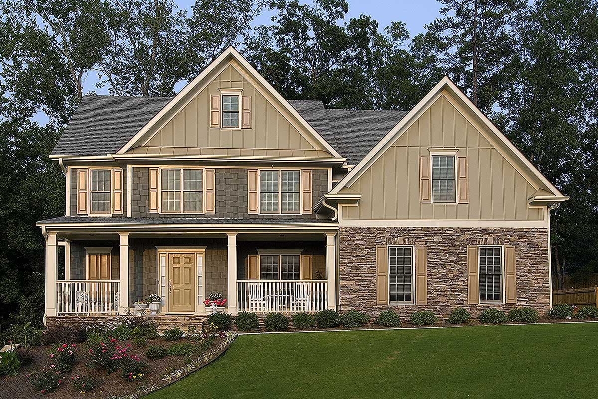 House plan exterior: Two-story Modern Farmhouse with stone base, large covered porch, multiple gables, and dormer.