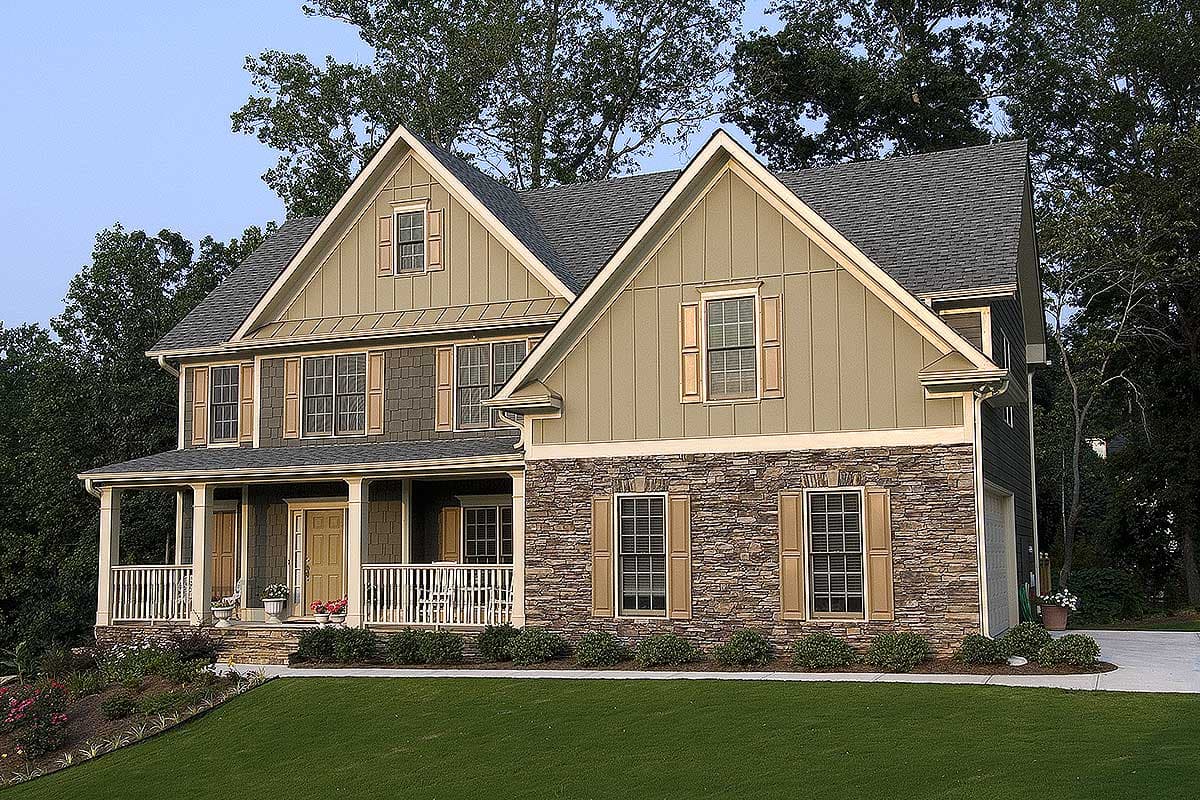 Craftsman style house plan exterior with wrap-around porch, stone foundation, dormers, and gables.