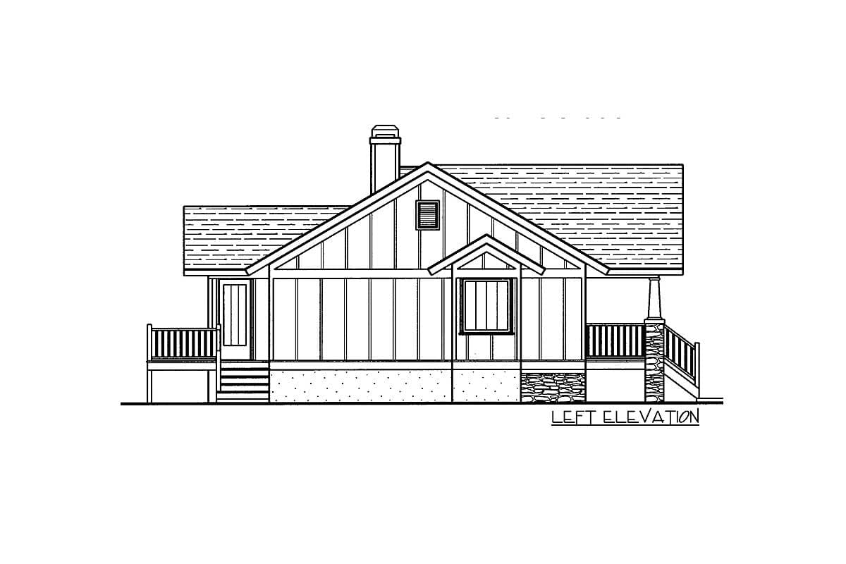 Left elevation house plan: Gable roof, vertical siding, stone base, porch, and chimney.