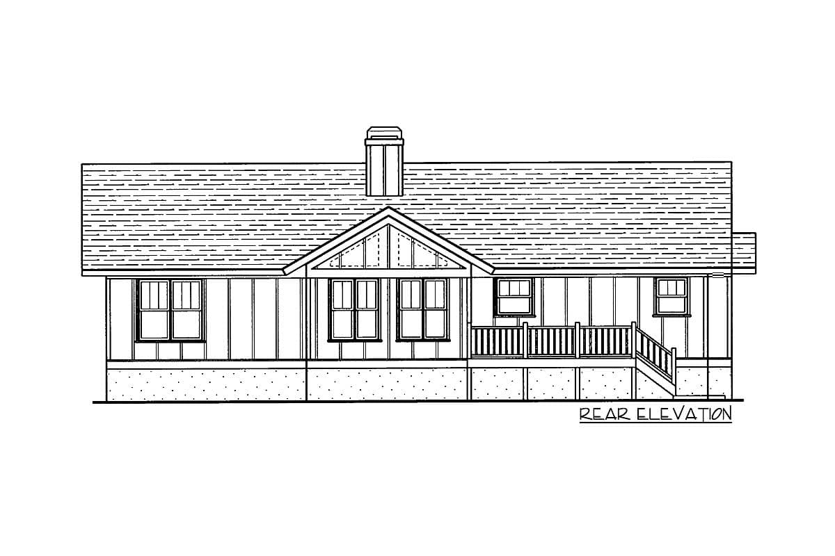 Rear elevation drawing of a house with a gable roof, chimney, covered porch with railings, and multiple windows.