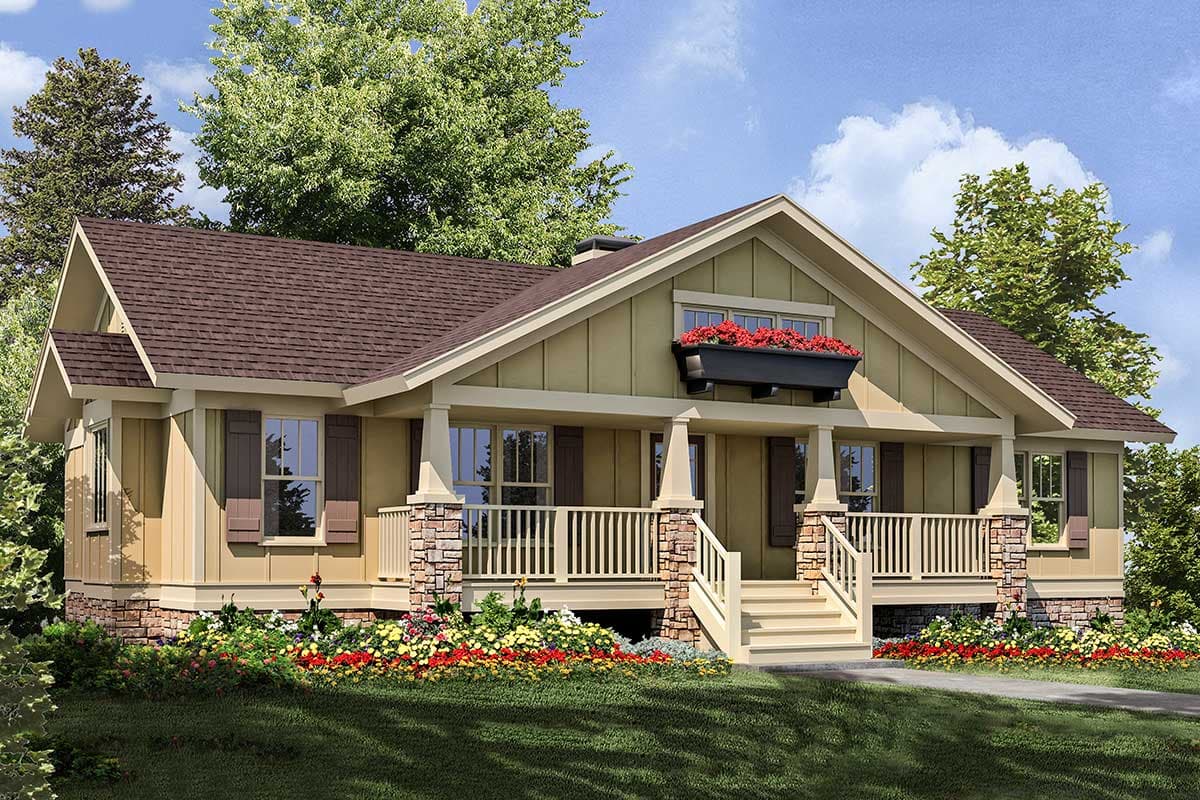 Craftsman house plan exterior with a prominent covered porch, stone accents, multiple gables, and dormers.