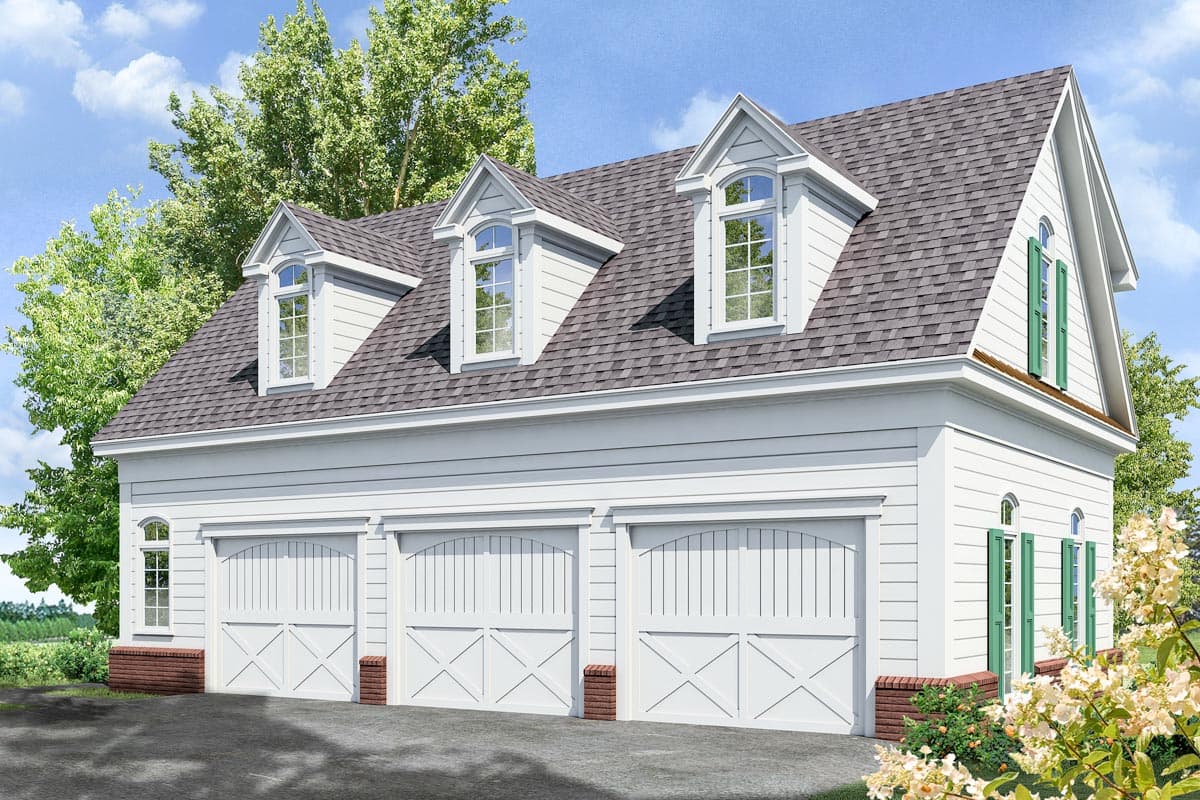 House plan exterior: Garage with three arched doors, dormer windows, and gabled rooflines.