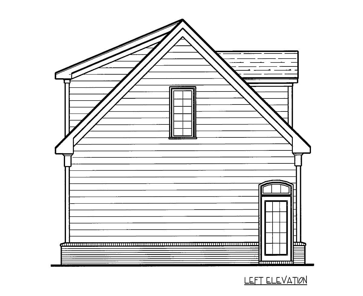 Left elevation drawing of a house plan showing horizontal siding, a gable roof, and a single door with a transom window.