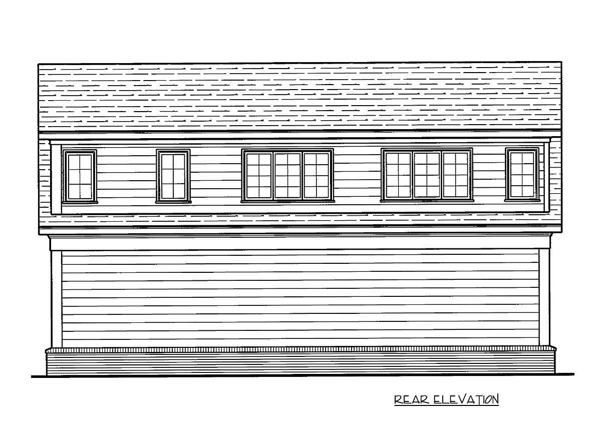 Rear elevation drawing of a house plan showing horizontal siding, multiple windows, and a sloped roof.