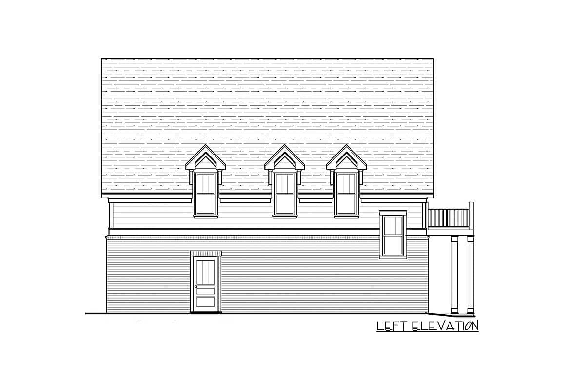 Left elevation house plan with three gabled dormers, a door, a window, and a deck.