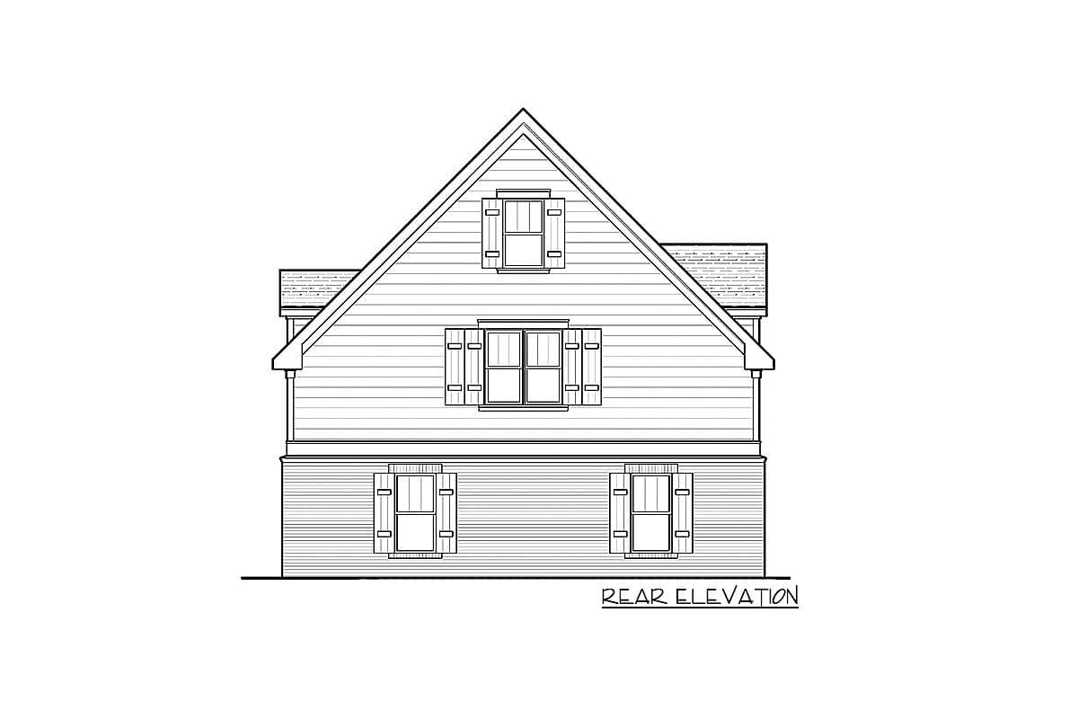 Rear elevation drawing of a house plan with a prominent gable, dormer window, and three levels of windows.