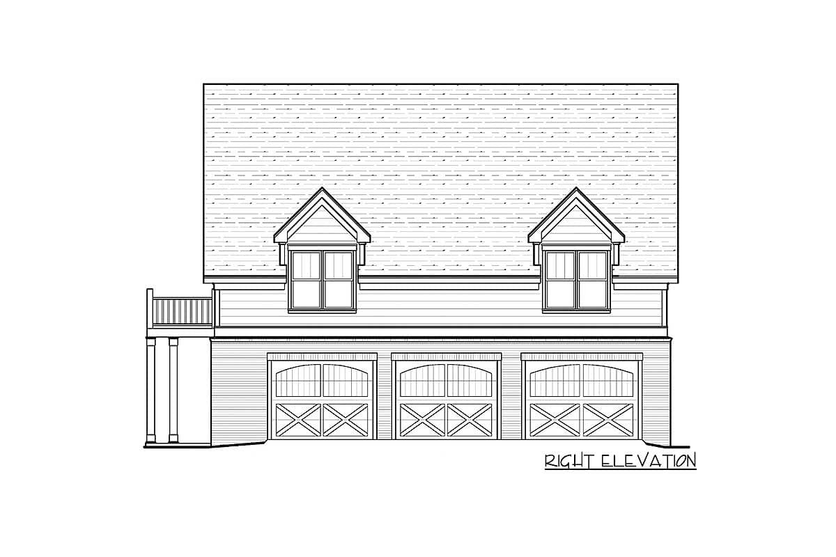 Right elevation drawing of a house plan with three arched garage doors, two dormer windows, and a balcony.