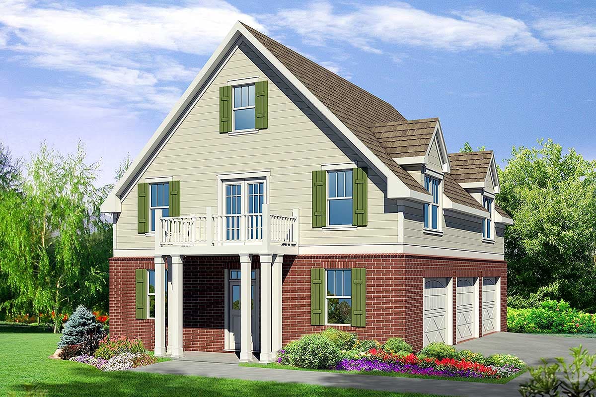 House plan exterior: Two-story home with brick lower level, upper-level siding, balcony, gabled dormers, and three-car garage.