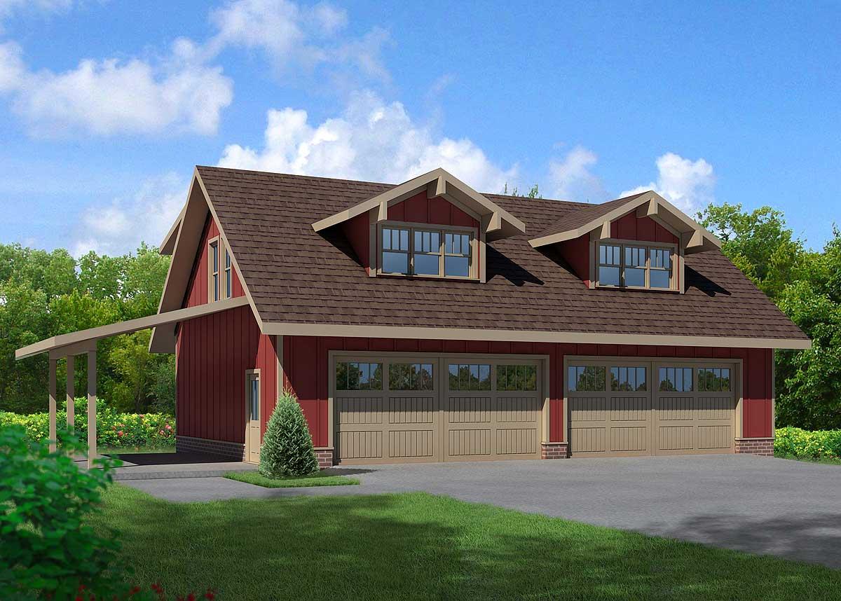 House plan exterior: Red barn style structure with three garage doors, gables, dormers, and a side carport.