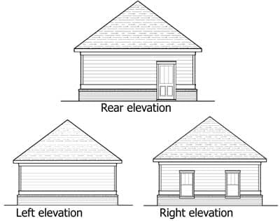 Architectural house plan with rear, left, and right elevations. Features siding, pitched roof, door, and two windows.