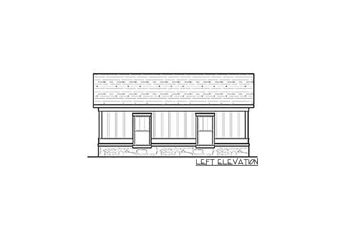 Left elevation drawing of a house plan with a shingled roof, two windows, and a stone foundation.