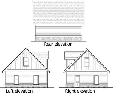 Architectural house plan showing rear, left, and right elevations with gabled roofs and siding.