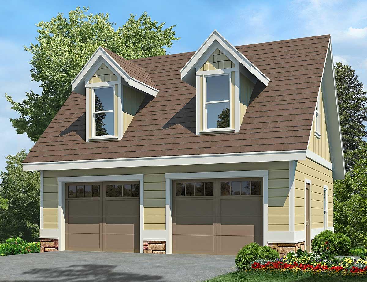 House plan exterior: Two-story garage with gable dormers, two garage doors, and stone foundation.
