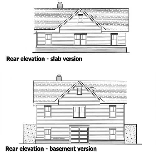 Rear elevation drawings for a house plan, showing slab and basement versions with pitched roof, dormer, and windows.