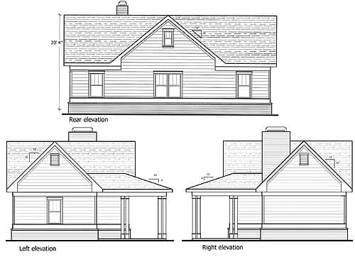 House plan rear, left, and right elevations showing a one-story structure with a gabled roof, dormer, and covered porch.