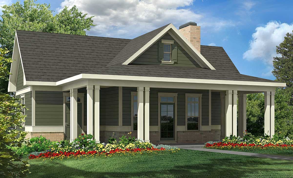 House plan exterior featuring a wide covered porch with columns, a prominent gable dormer, and stone skirting.
