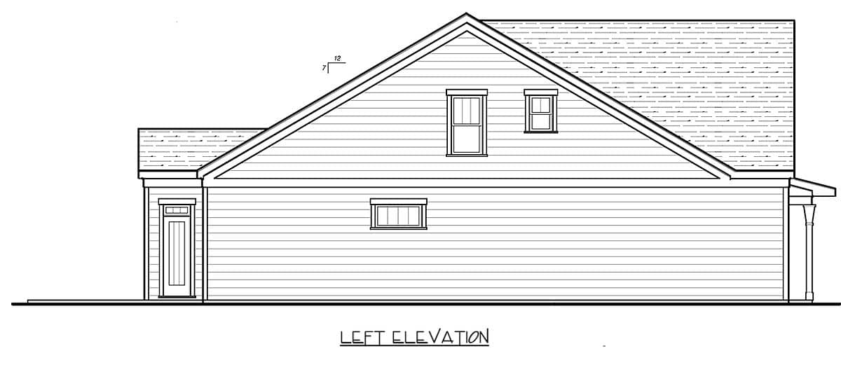 Left elevation drawing of a house plan showing horizontal siding, a gabled roof, one door, and three windows.