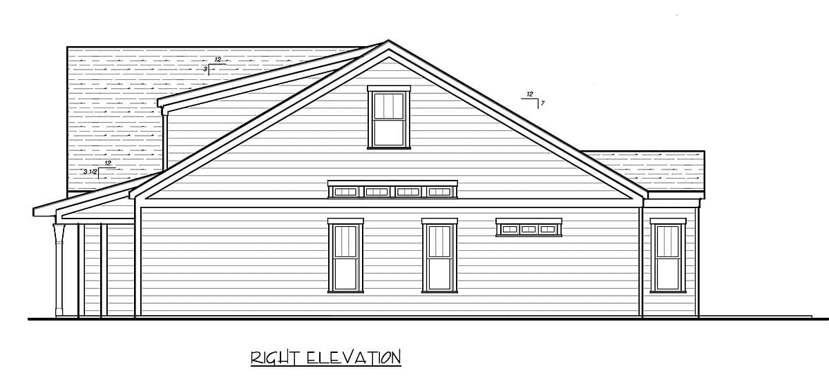 Right elevation house plan with gabled roof, siding, and multiple windows. Includes porch with columns.