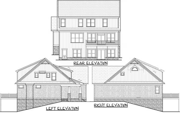 House plan elevations: rear, left, and right views show a multi-story home with gables, dormers, and a covered porch.