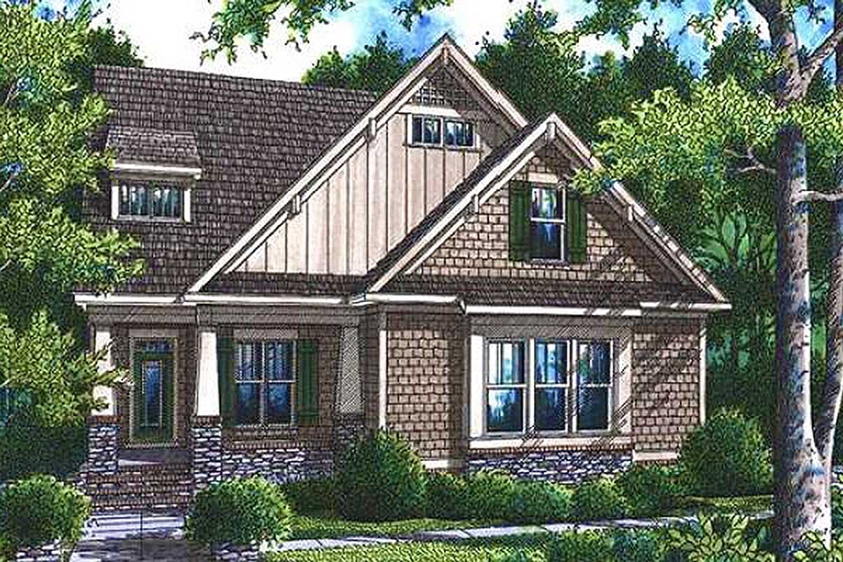 House plan exterior of a two-story home featuring shake siding, brick accents, dormers, gables, and a covered porch.