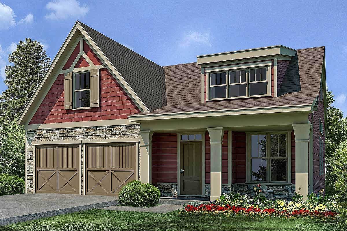 House plan exterior with two-car garage, covered porch, stone accents, and gabled dormer.